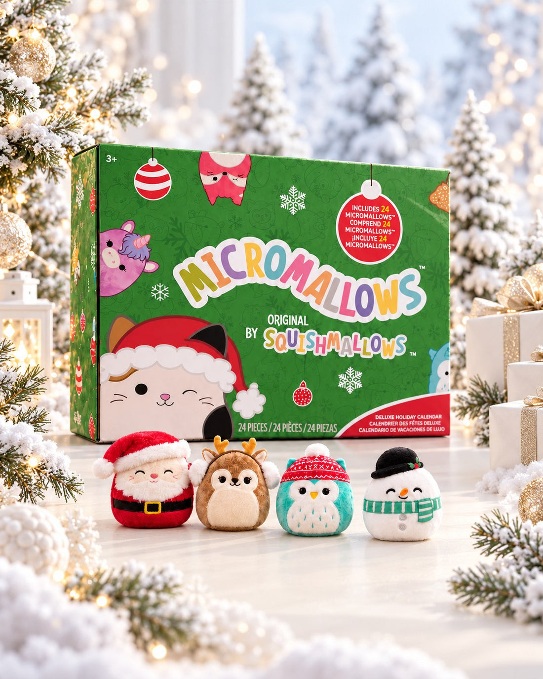 Happy Squishmas julkalender i snön med fyra figurer